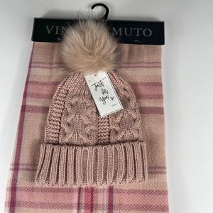 NWT VINCE CAMUTO 2 PIECE FAUX FUR POM POM BEANIE AND PLAID SCARF SET